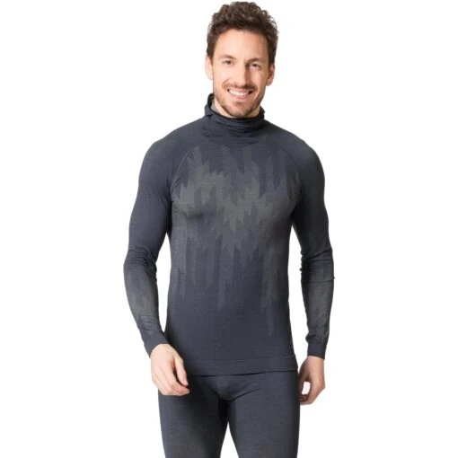 Odlo Kinship Performance Wool Warm Long-Sleeve Base Layer With Face Mask Men - India Ink Melange -Comfortable Sportswear odlo mens kinship performance wool warm base layer with face mask india ink melange 1 1504562